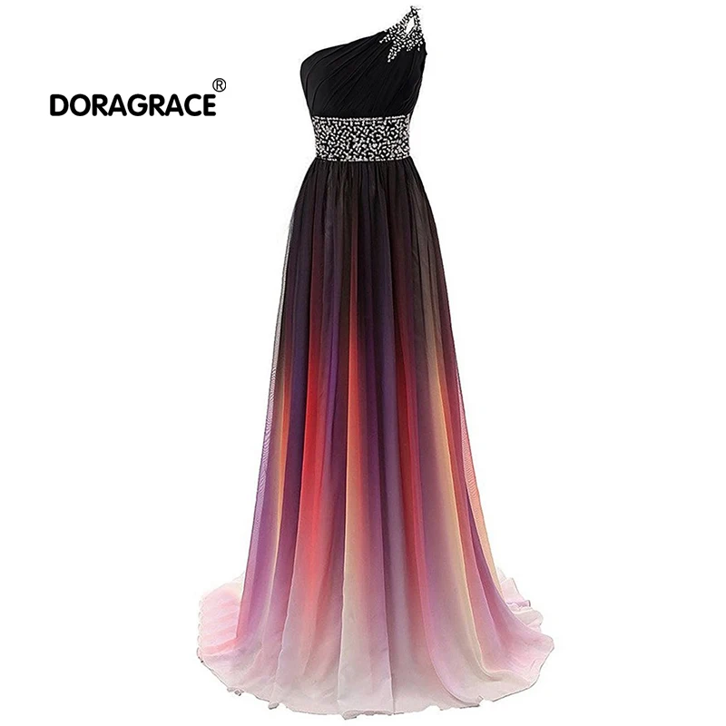 

Doragrace Elegant A Line Floor-Length One-Shoulder Chiffon Beaded Evening Dresses Long Prom Gowns