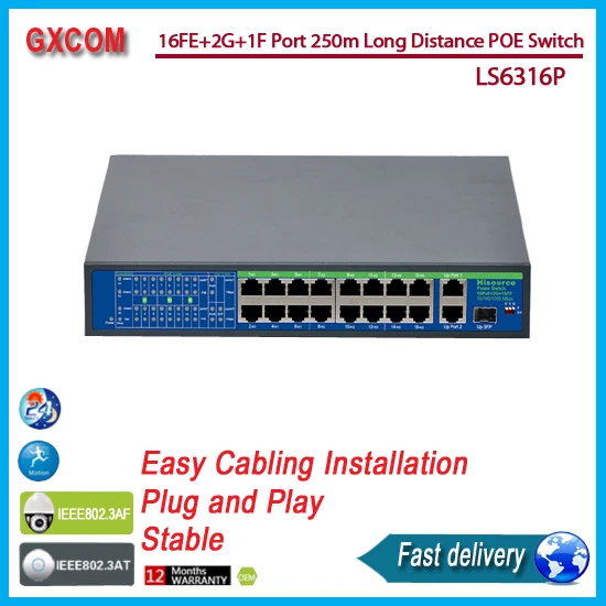 

16FE+2G+1F Port 250m Long Distance POE Switch 16port poe switch with 2gigabit rj45+1gigabit sfp port