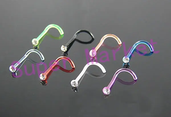 

Newest Nose Ring Stud Screw BioFlex Nose with Bezel Set Gem transparent UV Acrylic Piercing Jewelry 120pcs/lot Free Shipping