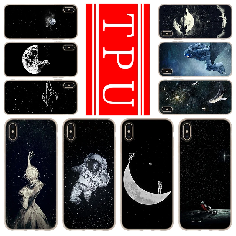 Мягкий чехол из ТПУ для iPhone 12 Mini 11 Pro XS Max XR X 8 7 6 Plus 5S SE S Cover Space Moon Cute black 2020 | Мобильные