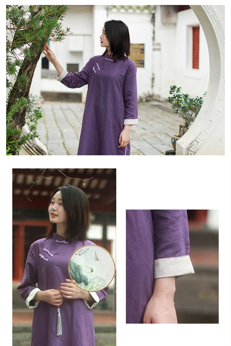 LZJN Традиционный китайский стиль халат летнее платье Ципао длинное винтажное Чонсам для женщин Восточное элегантное хлопковое льняное платье