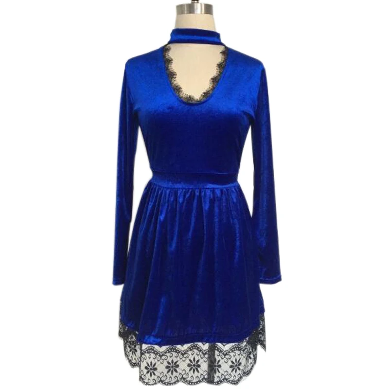 Бархатное платье, сексуальное, с длинным рукавом, Осеннее, для девушек, вечерние платья, для женщин, ТРАПЕЦИЕВИДНОЕ ПЛАТЬЕ, женское, с воротником-хомутом, кружевное, синее, мини, велюровое, PL500G - Цвет: Blue