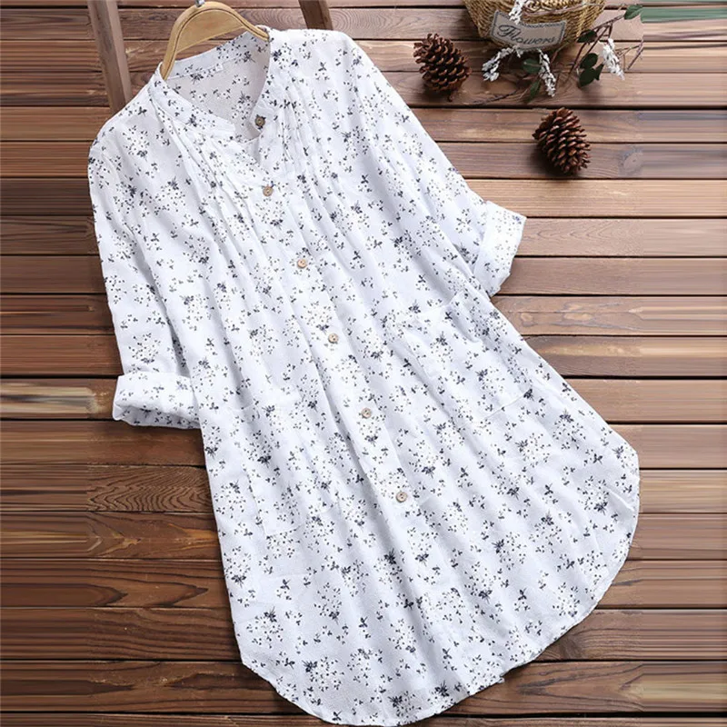 

New Fashion Womens Lady V-Neck Long Sleeve Flower Floral Printed Linen Shirts Ladies Casual Loose Blouses Tops Casual Summer