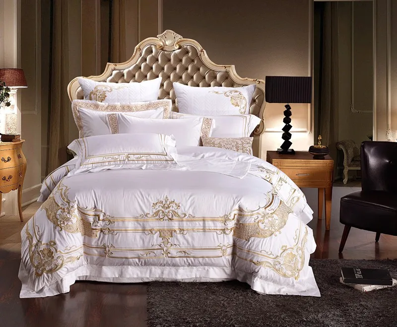 Juego de cama de Hotel sedoso bordado de Juego de cama real de lujo, algodón blanco yeso 100, tamaño King y Queen, funda de edredón, juego de sábanas