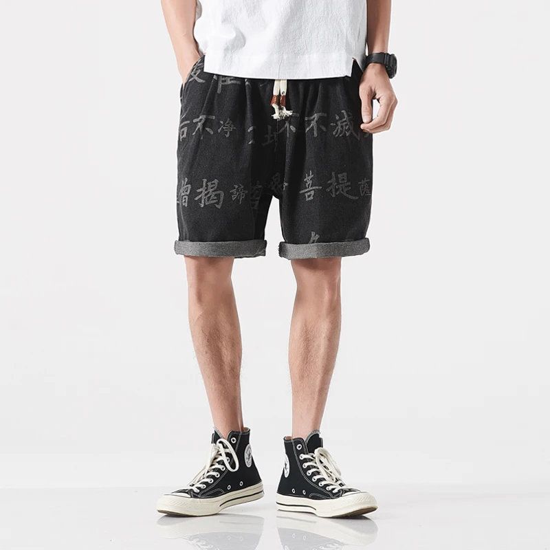 Мужские джинсовые пляжные шорты с принтом в китайском стиле, винтажные Модные свободные повседневные Прямые шторы, мужские уличные джинсовые шорты в стиле хип-хоп