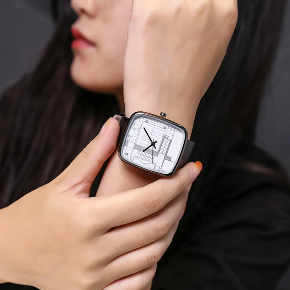 Женские модные часы с кожаным ремешком, аналоговые кварцевые круглые наручные часы, женские часы с геометрическим узором dames horloges