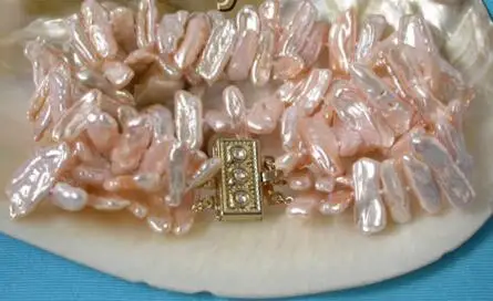 

Free Shipping >>>>>WOW ! 3row pink Biwa cultured pearls bracelet 18Kgp cla
