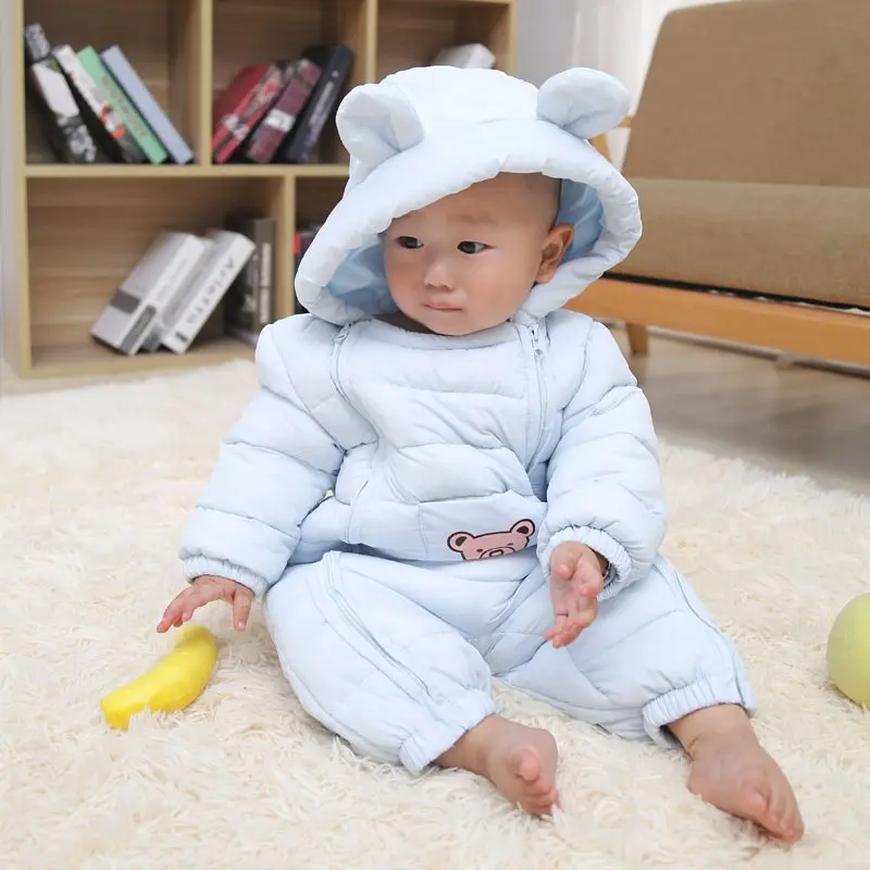 COOTELILI  60-90cm  Cute Bear Warm Thicken Baby Romper Infant Jusmsuit  Hooded Boys Suit Baby Girls Clothes Pink Sky Blue (2)