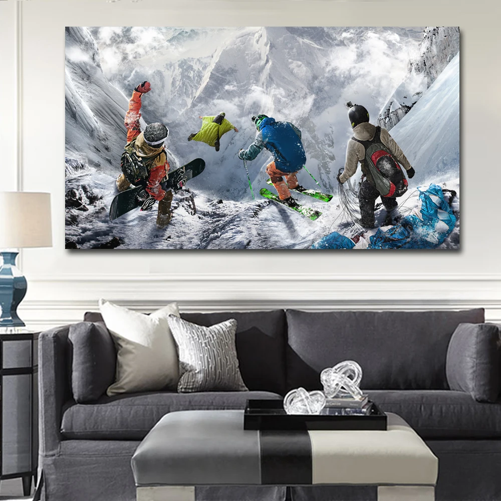 Winter Mountain Extreme Skiing Snowboarding Sports Steep wall art