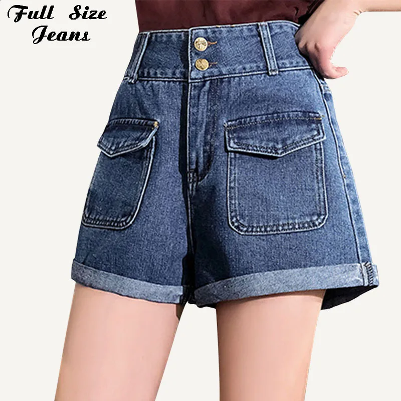 

Plus Size Vintage Rolled Hem High Waist Short Jeans 3XL 4XL 5XL Summer Girl Beach Denim Shorts Sweet Pockets Jeans Shorts