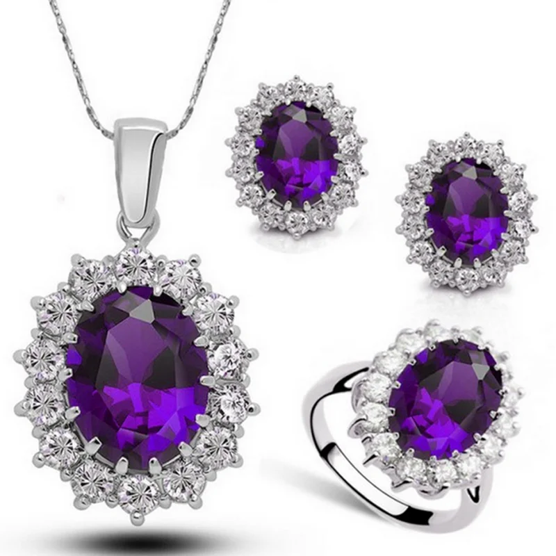 Deep purple OMHXZJ Женская мода Молодежный история AAA Циркон Кристалл 18KT платина серебро ожерелье серьги кольцо Ювелирные наборы ST06 - Цвет камня: Deep purple