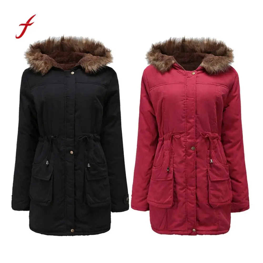 

feitong New Outwear Women Coat harajuku Warm Long Jackets Fur Collar Hooded Coat Big Size Parka Windbreaker manteau femme hiver