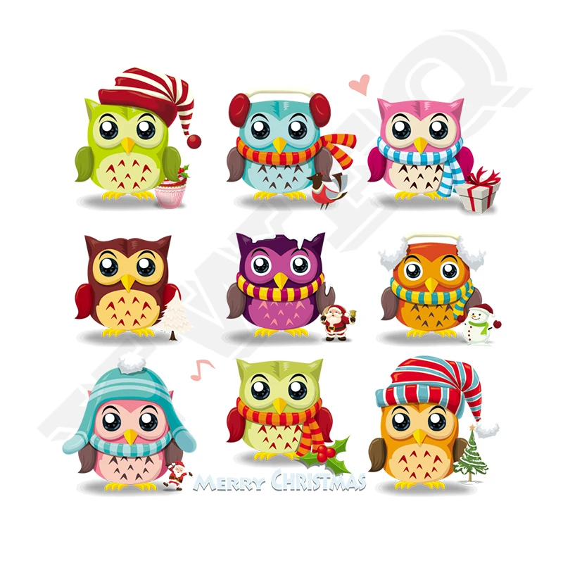 

9Pcs/Lot Christmas Owls Iron-On Transfers Washable Heat Transfer For Clothing Ironing Stickers Easy Print By Household Irons
