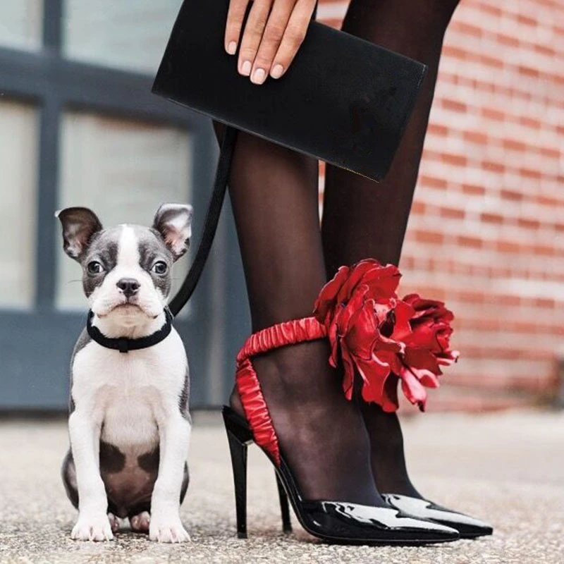 

Patent Leather Crystal Rivets Big Flower Women Pumps Pointed Toe Buckle Strap Stiletto High Heels Shoes Party Dresa Shoes Woman