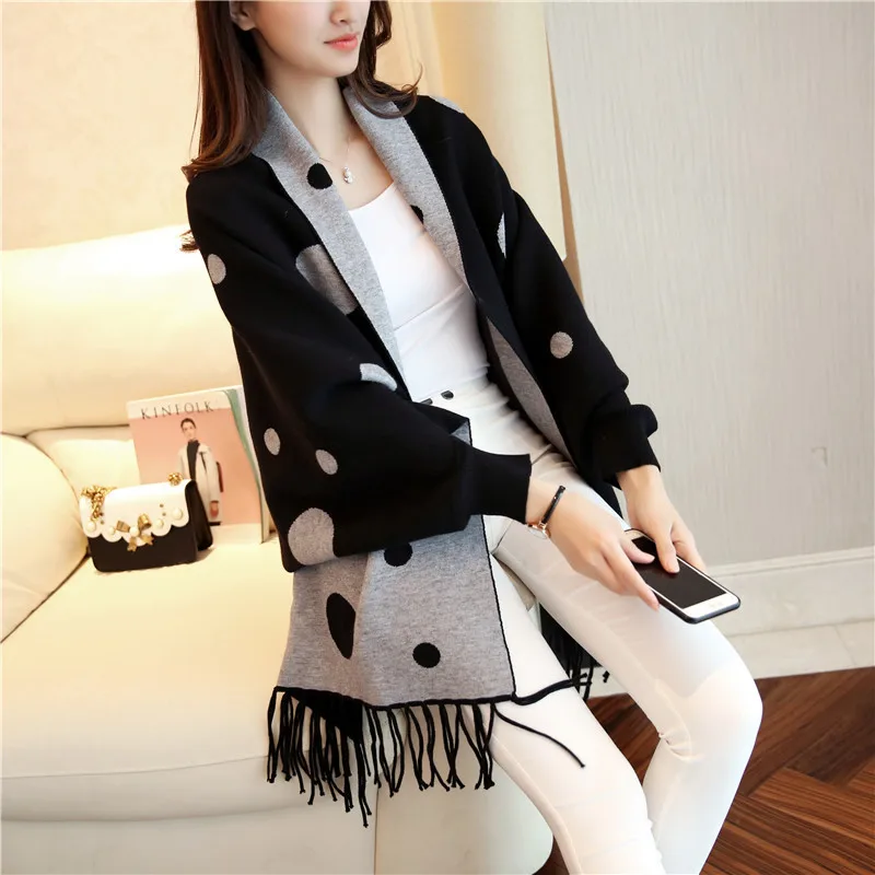 2018 Autumn New Women's Elegant Tassel Wrap Swing Cardigan Knitted Oversized Sweater Scarf Cape Poncho Long Cardigan Winter