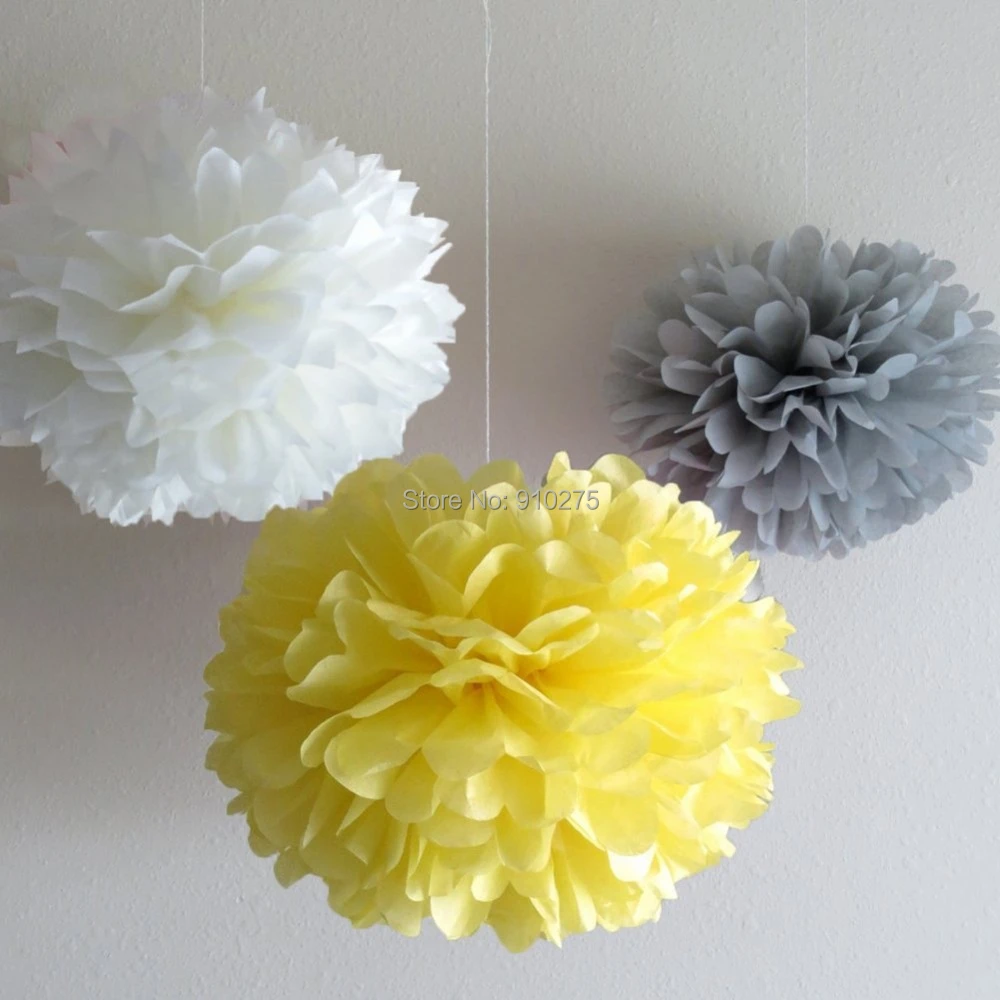 12 Pcs Mixte Blanc Gris Jaune Tissus Pompons Fleur De Papier Pom Poms Noce Bebe Salle De Douche Decoration Aliexpress