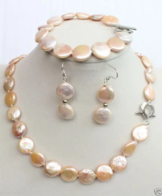

Free shipping hot sale Women Bridal Wedding Jewelry >>11~12mm Freshwater pink coin pearl necklaces bracelet earrings Sets