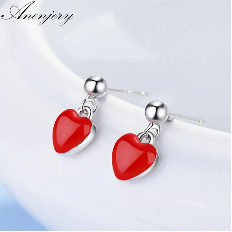 Pendientes anenjary simples de moda de Plata de Ley 925 con borlas y corazón rojo para mujer, regalo de Amiga, S E496 oorbellen|Pendientes| - AliExpress