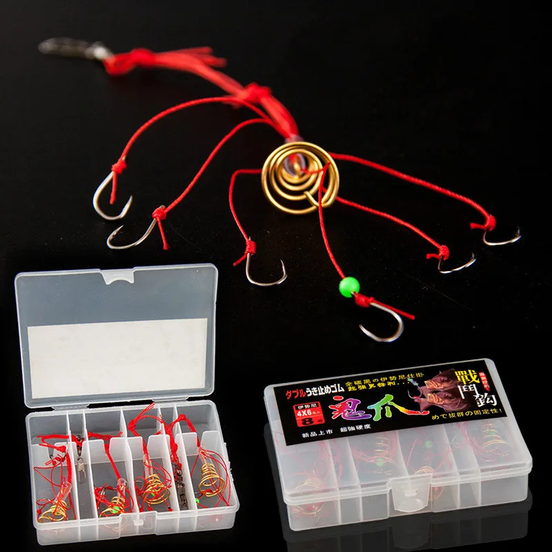 

4 pcs/lot Carp Fishing Hooks Power Bait PE Line Trap Explosion Hooks With Six Strong Hook Tackle With Box 6 8 10 12#