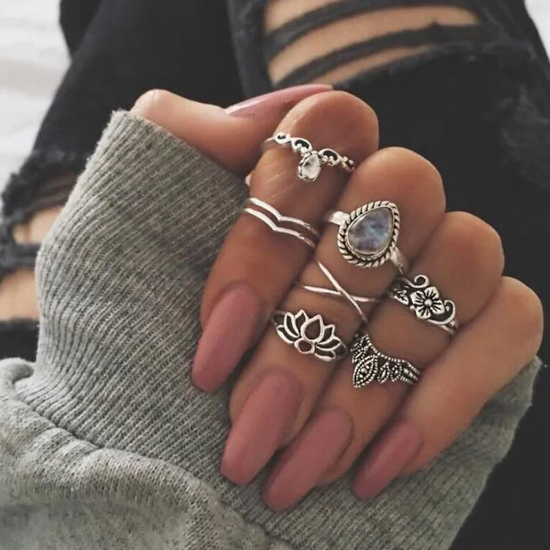 

SMJEL Midi 7pcs/Sets Carving Finger Rings for Women Ethnic Lotus Flower Knuckle Ring Set Anillos Mujer Jewellery Wedding Rings