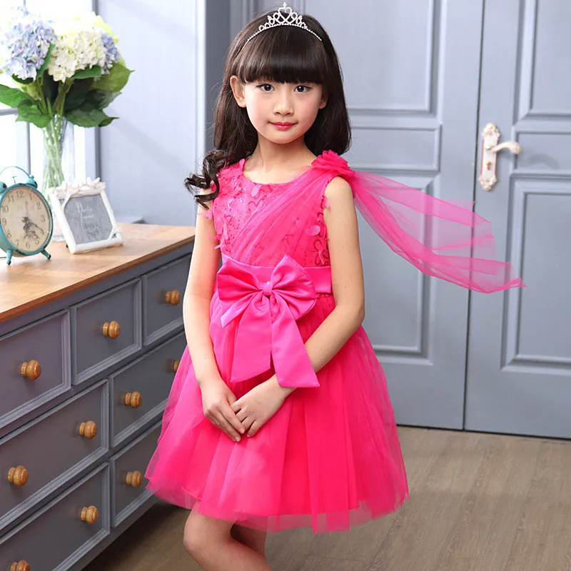 

2016 Summer Style New Bow A-line Girls Kids Mesh Knee High Sleeveless Dress Baby Children Clothes Party Dresses