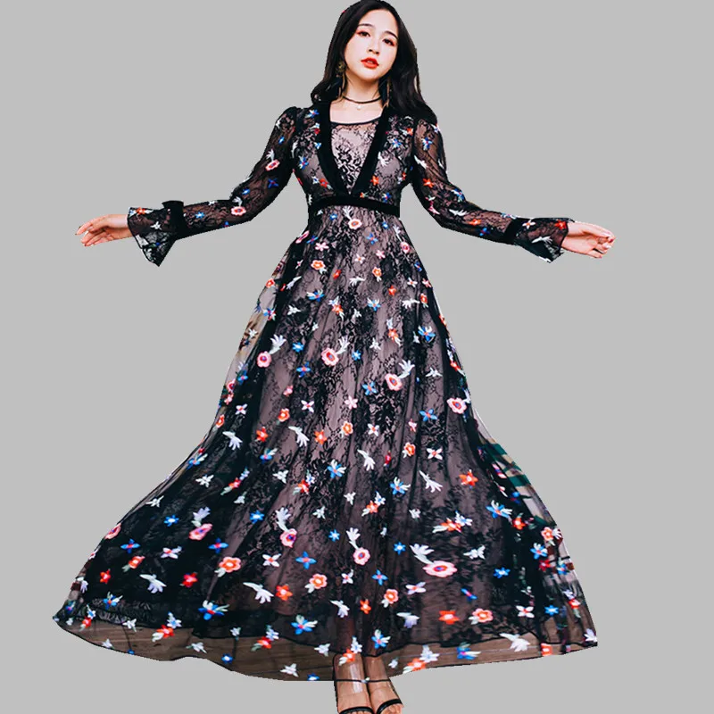 

HAMALIEL Black Lace Maxi Long Women Dress 2019 Spring Embroidery Floral Flare Sleeve Party Dress Elegant Slim Holiday Boho Dress