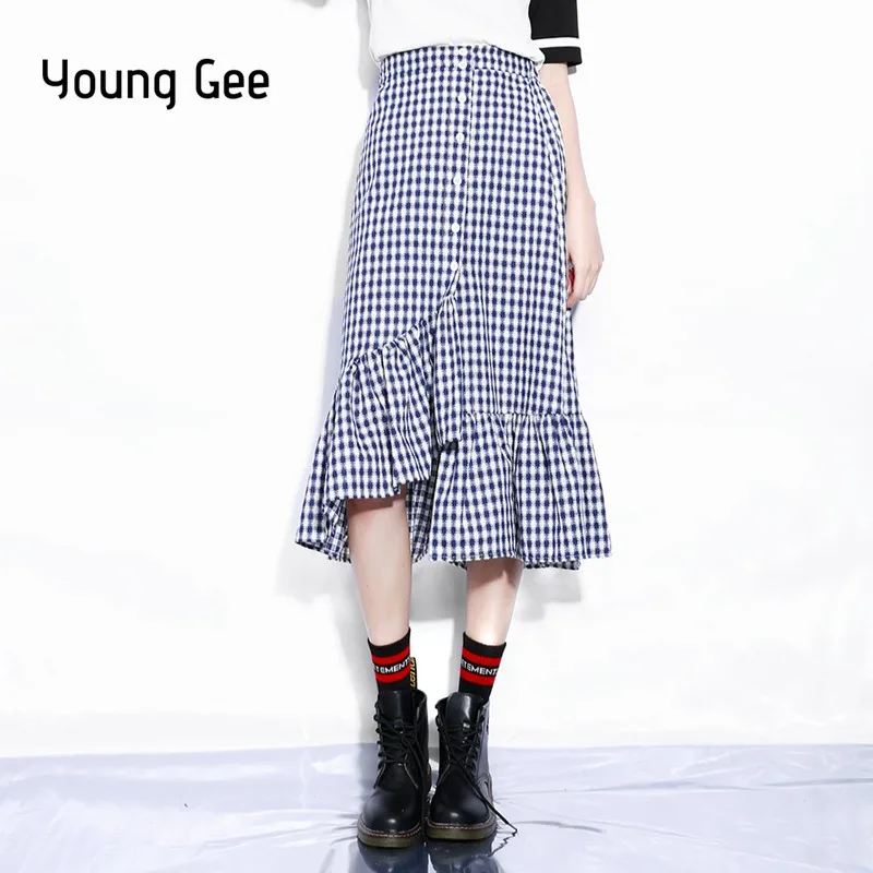 

YoungGee Ruffles Plaid Mermai Skirts Women Elegant Asymmetrical High Waist Fashion Streetwear Slim Midi Saia Pencil Skirt faldas