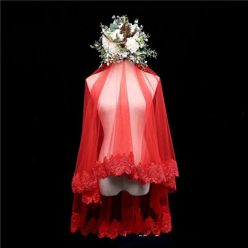 

2018 Red Wedding Veil Elegant Lace Applique Velo De Novia 2018 Tulle Bridal Veils Gorgeous Wedding Accessories Fast Delivery C