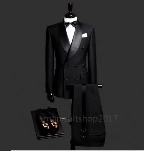 Пользовательские черные мужские формальные 2 шт смокинг двубортный Slim Fit Жених Свадебные костюмы пиджак галстук брюки