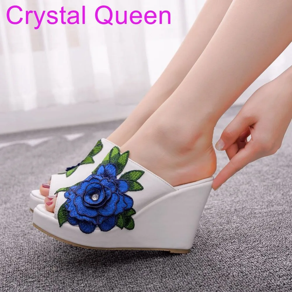 

Crystal Queen 10cm Big Blue Flowers Peep Toe Platform Wedges Sandals Wedges Slippers High Heels Slippers Beach Sandals For Women