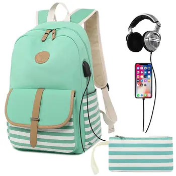 

Hot 2Pcs/Set Travel School Large Capacity Women Stripe Clutch Backpack with USB Port