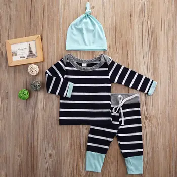 

3PCS Newborn Kid Baby Boy Girl Striped T-shirt Tops + Striped Patchwork Pants + Solid Color Hat Clothes Outfit Set