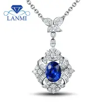Oval 5x7 mm 18 K White Gold Natural Diamond Sapphire Pendant Necklaces For Women WU41SA