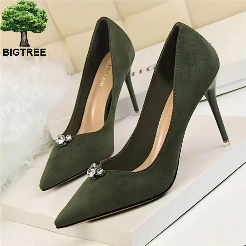 

BIGTREE Fashion Crystal Shallow Women Shoes Concise Solid Flock High Heels Shoes Sexy Pointed Toe Women's Brand Shoes Show Thin