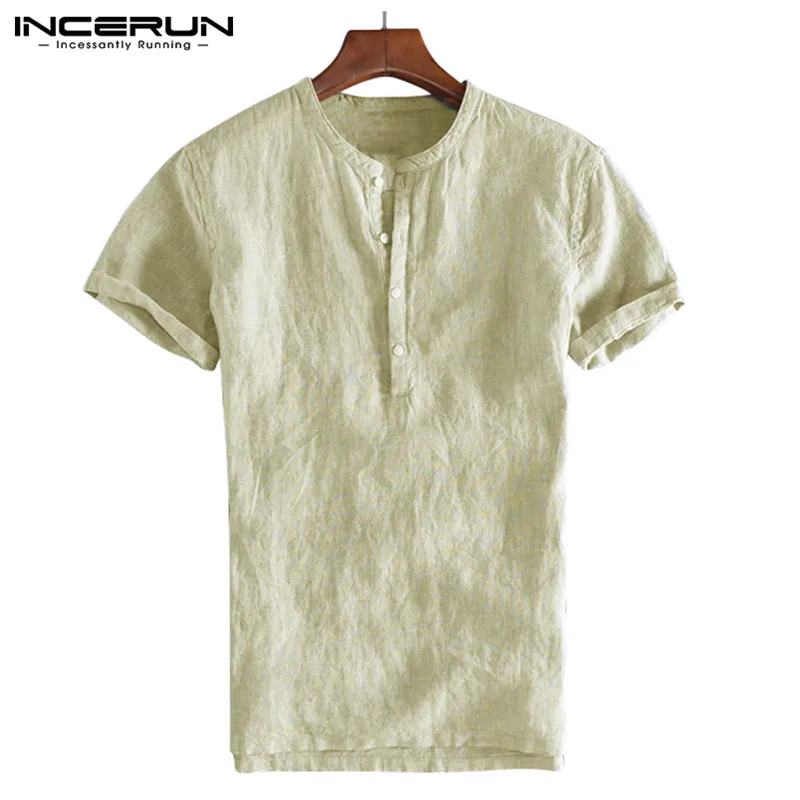 Green INCERUN повседневное рубашки с воротником-стойкой Masculina Camisa Slim Fit человек одежда плюс размеры 5XL летние белые рубашки для мужчин футболки - Цвет: Green