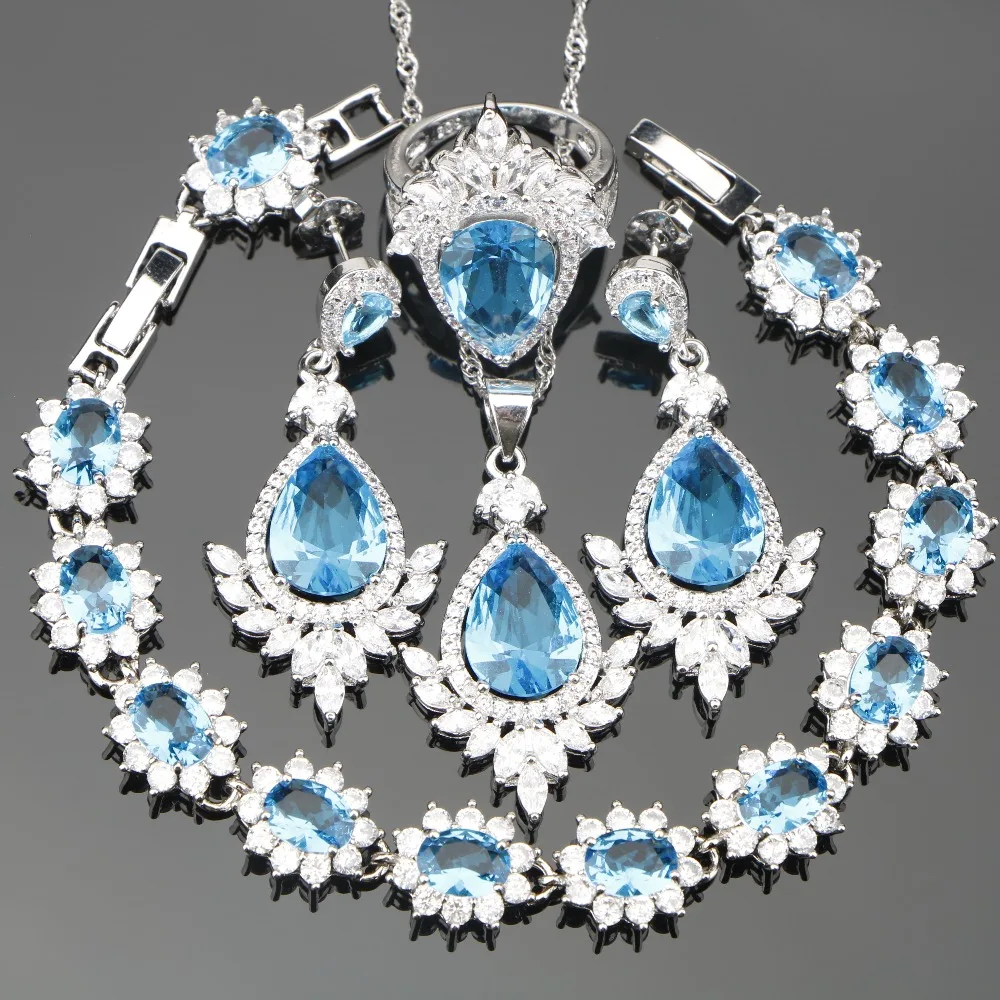 Sky Blue Cubic Zirconia Silver 925 Costume Jewelry Sets For Women