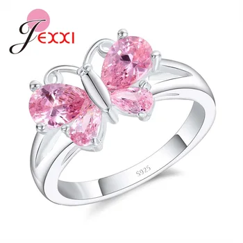 

Beautiful Butterfly Shaped Engagement Party Ring For Girl Gift 925 Sterling Silver Rings For Women Wedding Pink Crystal