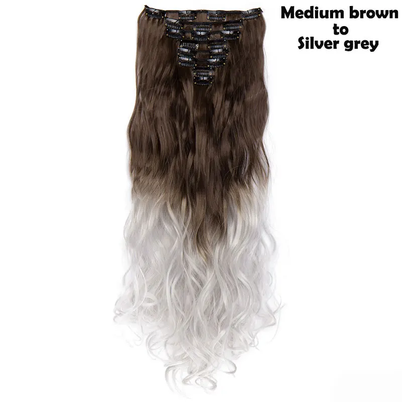 brown to grey SNOILITE 24 дюймов 8 шт./компл. волнистые 18 клипов в искусственных волосах Стайлинг Синтетические пряди для наращивания волос, парик, заколки, заколки для волос, трессы, наращивание волос - Цвет: brown to grey
