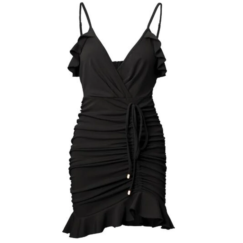 

Night Out Dress for Women Sexy Deep V Neck Drawstring Bodycon Short Mini Black Prom Party Ruffle Dress Infinity Formal Dresses