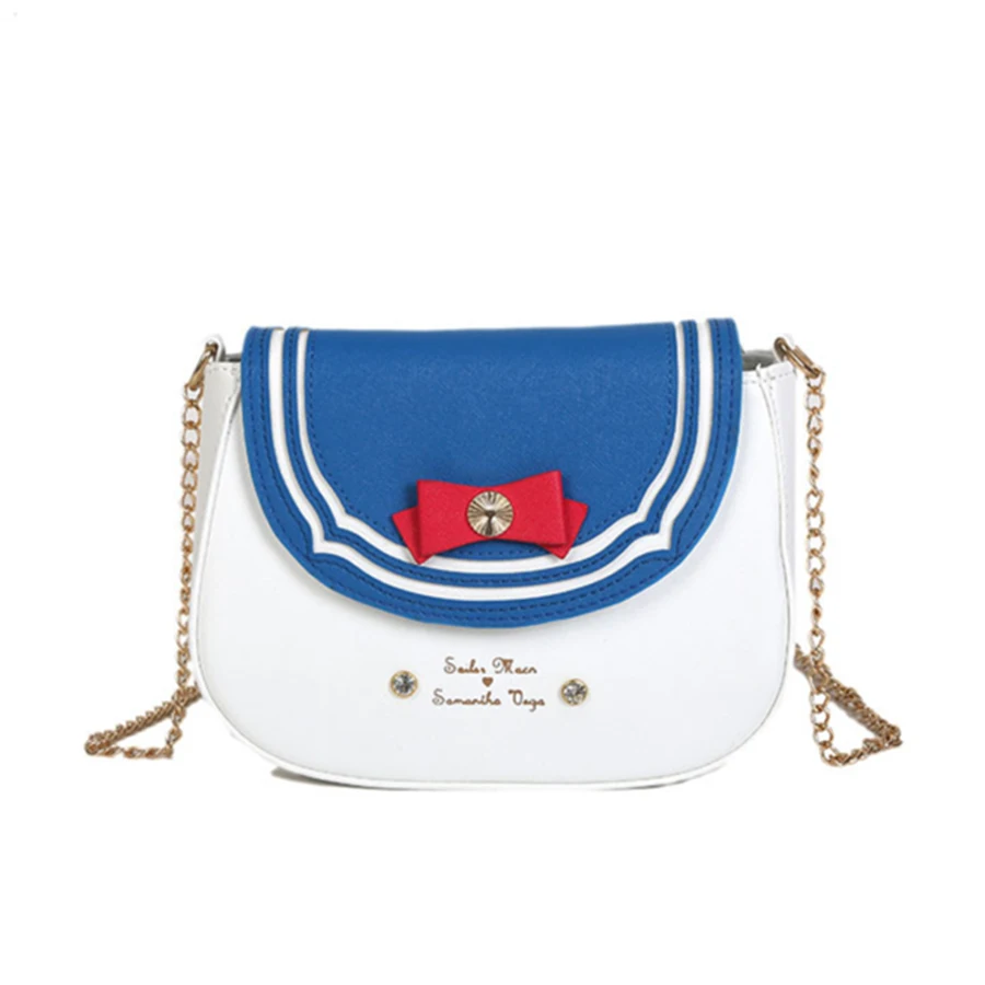 

Fun Cute Sailor Moon Bow-knot Shoulder Messenger Bag Women Chains Pu Leather Hit Color Crossbody Bag Flap Mini Ladies Handbag