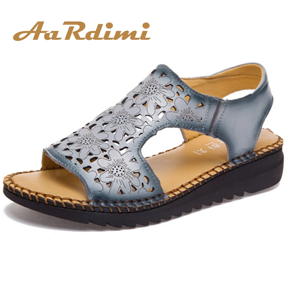 

Genuine leather women sandals cut-outs women flats sandals summer 3 colors cow leather mother summer shoes Front & Rear strap