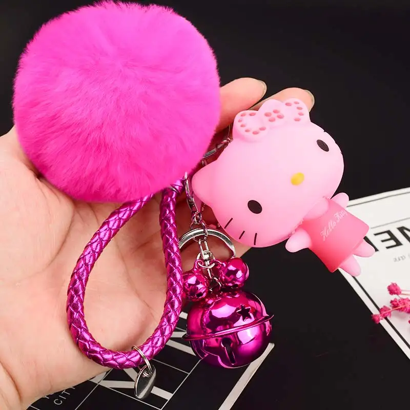 Милый мультфильм рисунок «Hello Kitty» меха кролика мяч помпон Pom подвески-Помпоны ремешок для женщин из металла брелки-цепочки автомобиля сумку очарование D151 - Цвет: 17
