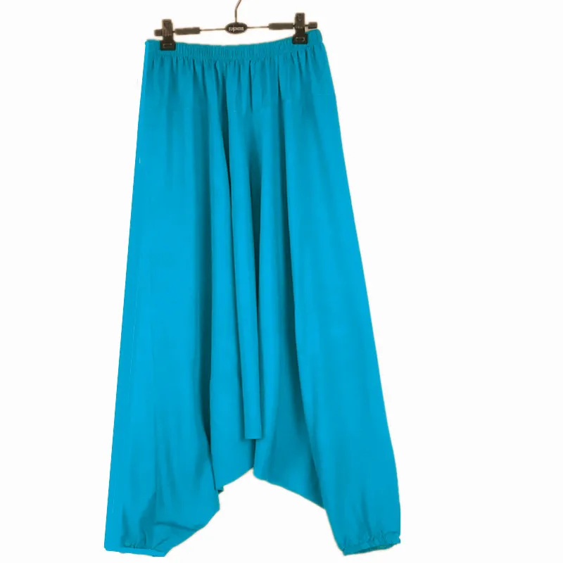 Весенние женские повседневные свободные штаны-шаровары, одноцветные летние Широкие штаны с эластичной талией размера плюс, хлопковые льняные брюки M-4XL 5XL - Цвет: Небесно-голубой
