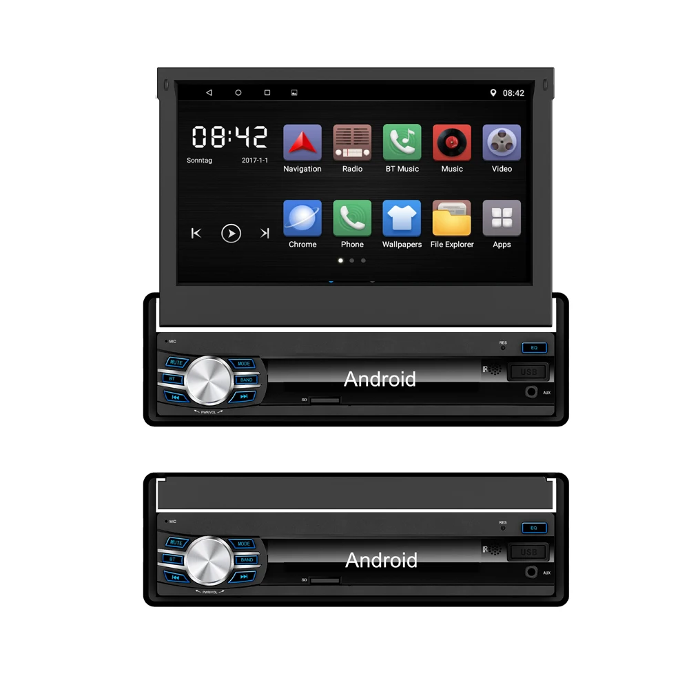 Perfect Retractable 7" 1 DIN Android 6.0 1080P Autoradio GPS Bluetooth Navigation Car Stereo Player Fully Capacitive Touch Screen 1G/16G 6