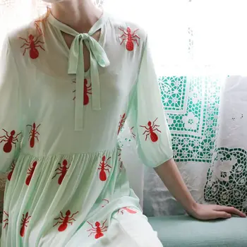 LYNETTE'S CHINOISERIE Summer Original Design Women High Quality Red Ants Embroidery Green Fresh Vintage Chiffon Twinset Dress