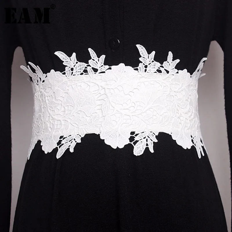 

[EAM] 2019 New Spring Summer Women Solid Color Vinage Width Elastic Waistband Fashion Tide Lace Spliced All-match Belt LA709