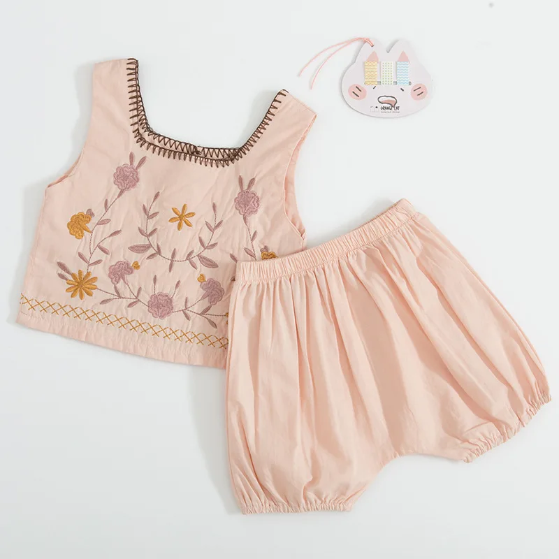 الصيف فتاة مجموعة الوطني التطريز قصيرة الأكمام سترة السراويل اثنين قطعة القطن بدلة طفل فتاة الملابس