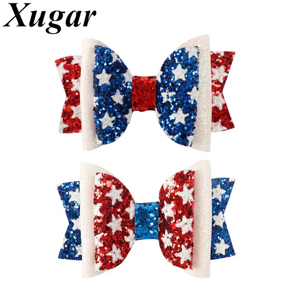

Xugar 2PCS Hair Accessories 3 Inch 4th of July Glitter Hair Clips for Girls Flag Print Hair Bows Independence Day Hair Barrettes