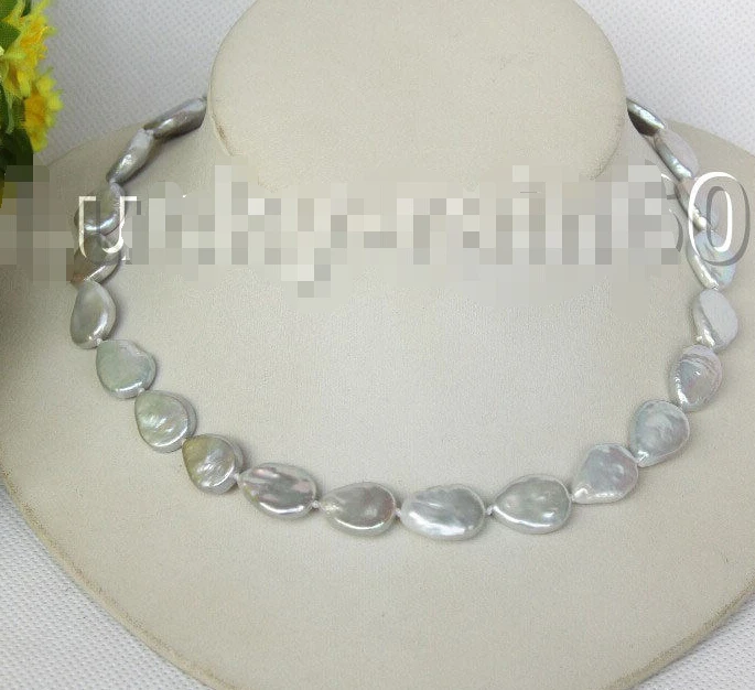 

Genuine 17" 17mm gray drip coin fastener pearls necklace E8845