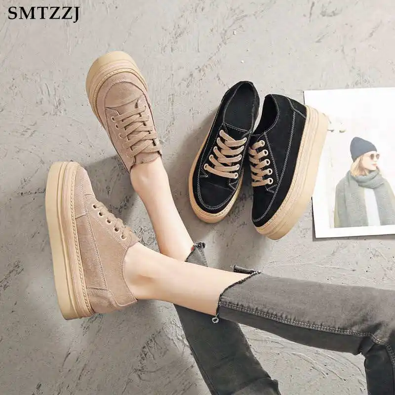 

SMTZZJ 2019 New Platform Korean Style Black Kaiki Women Casual Canvas Flat shoes Ladies college Student Wear Fashion Sneakers